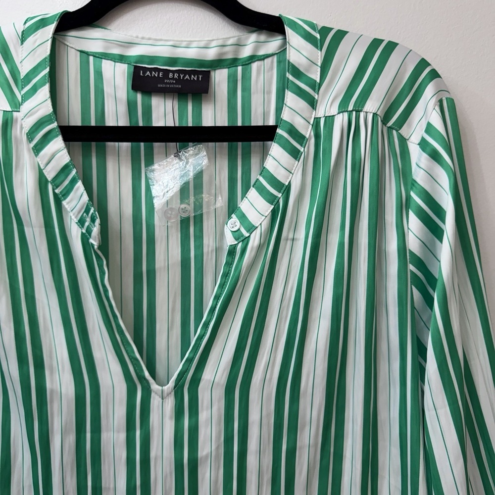 Lane Bryant 22 24 Long Sleeve V Neck Button Up Green White Striped NWOT
